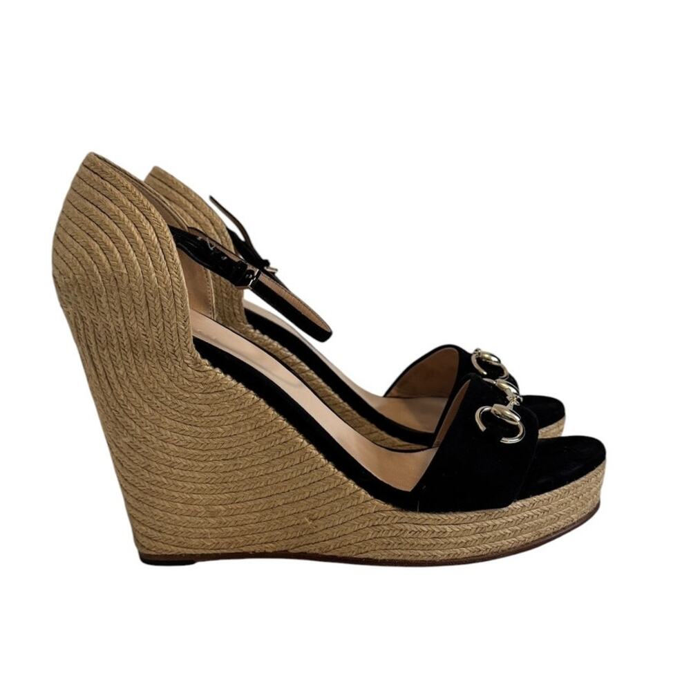Gucci Horsebit Espadrille Black Suede Wedges Size  41.5 Box & Dust Bags Included - Picture 6 of 16